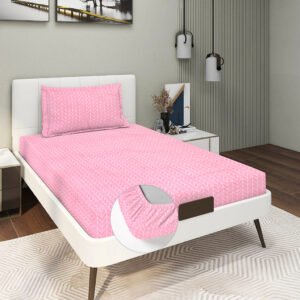 Single Glace Cotton Elastic Fitted Bedsheet With 1 Pillow Cover (Pink)