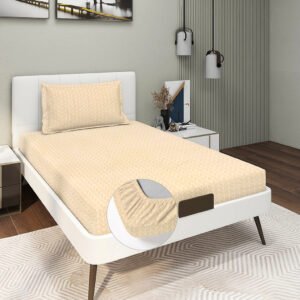 Single Glace Cotton Elastic Fitted Bedsheet With 1 Pillow Cover (Beige)