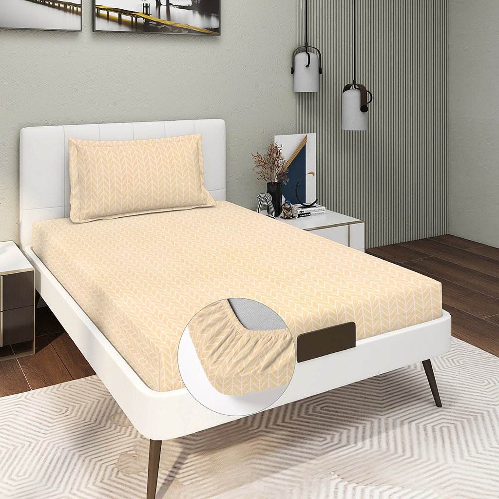 Single Glace Cotton Elastic Fitted Bedsheet With 1 Pillow Cover (Beige)