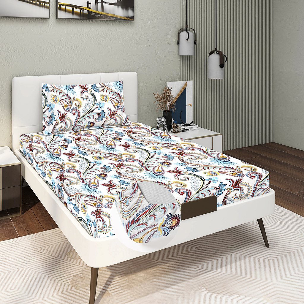 Single Glace Cotton Elastic Fitted Bedsheets With 1 Pillow Cover (White)