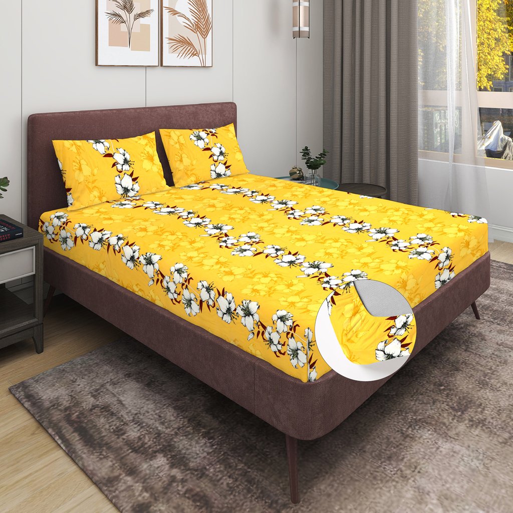 Elastic Fitted King Size Double Bedsheet With 2 Pillow Covers (Yellow)