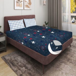 Elastic Fitted King Size Double Bedsheet With 2 Pillow Covers (Blue)