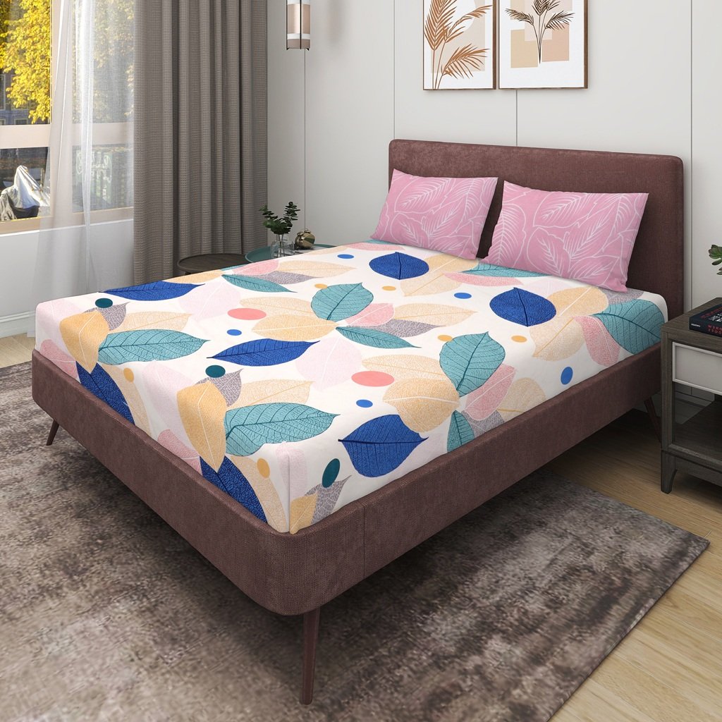 Elastic Fitted King Size Double Bedsheet With 2 Pillow Covers (Pink)