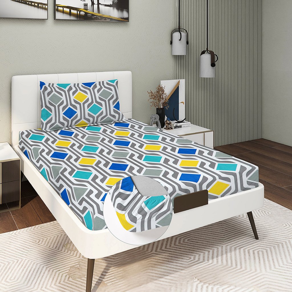 Single Glace Cotton Elastic Fitted Bedsheets With 1 Pillow Cover (Multi)