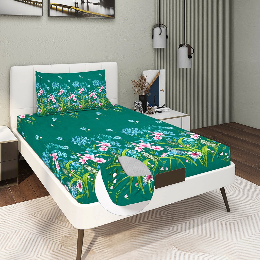 RD TREND Presents Single Glace Cotton Elastic Fitted Bedsheets With 1 Pillow Cover (Green)