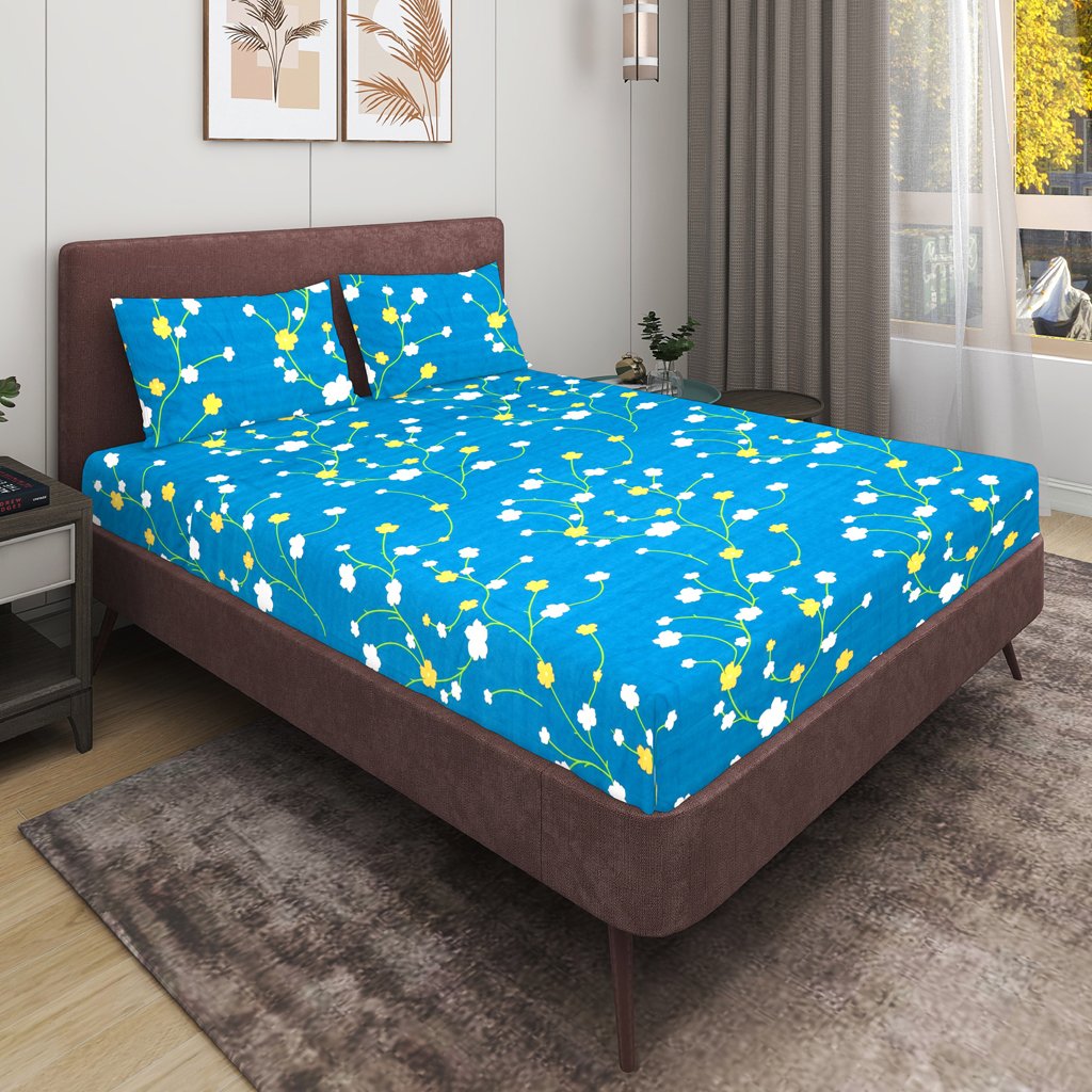 Glace Cotton Double Flat Bedsheet With 2 Pillow Covers (Blue)