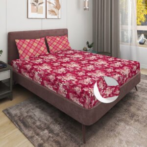 Elastic Fitted King Size Double Bed Sheets With 2 Pillow Covers (Red)