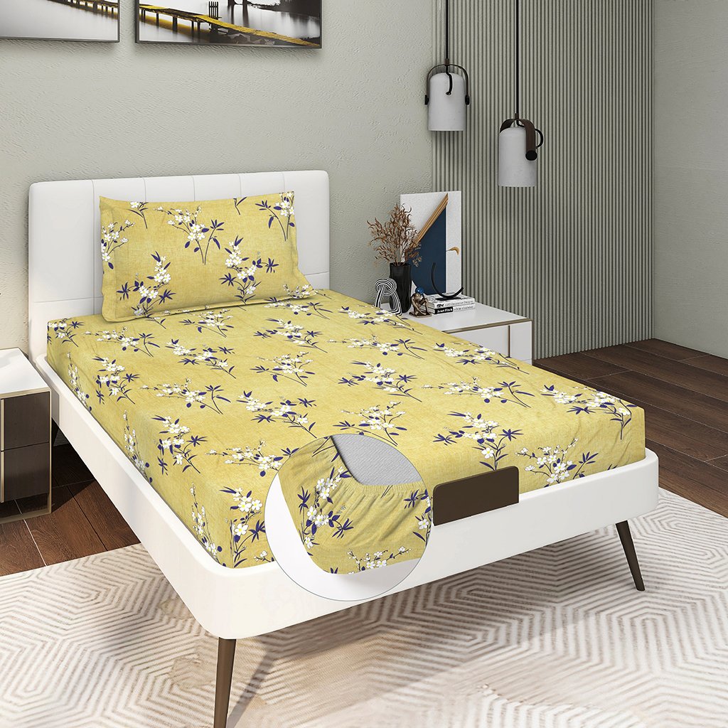 Single Glace Cotton Elastic Fitted Bedsheets With 1 Pillow Cover (Yellow)