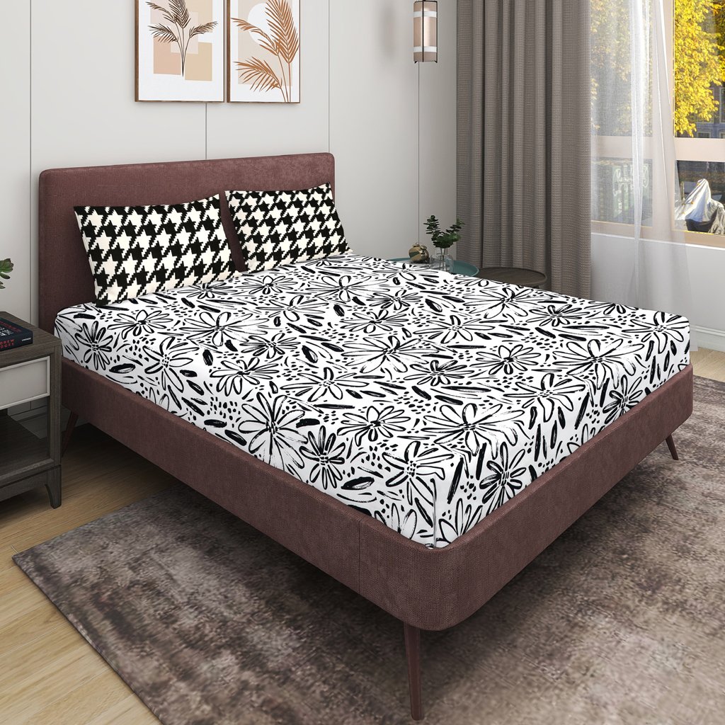 Elastic Fitted King Size Double Bedsheet With 2 Pillow Covers (White)