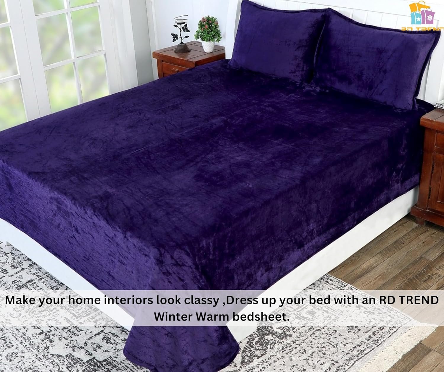 Winter Warm King Size Flat Double Bedsheet With 2 Pillow Cover (Purple)