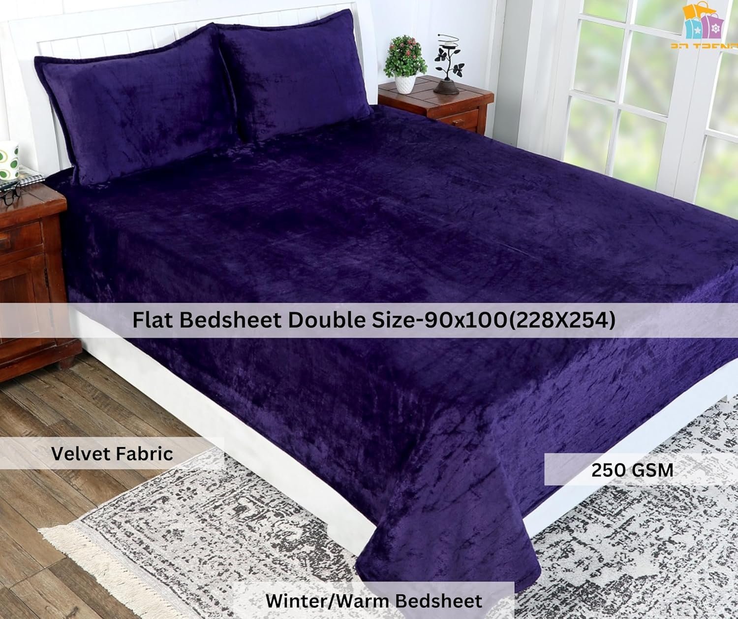 Winter Warm King Size Flat Double Bedsheet With 2 Pillow Cover (Purple)
