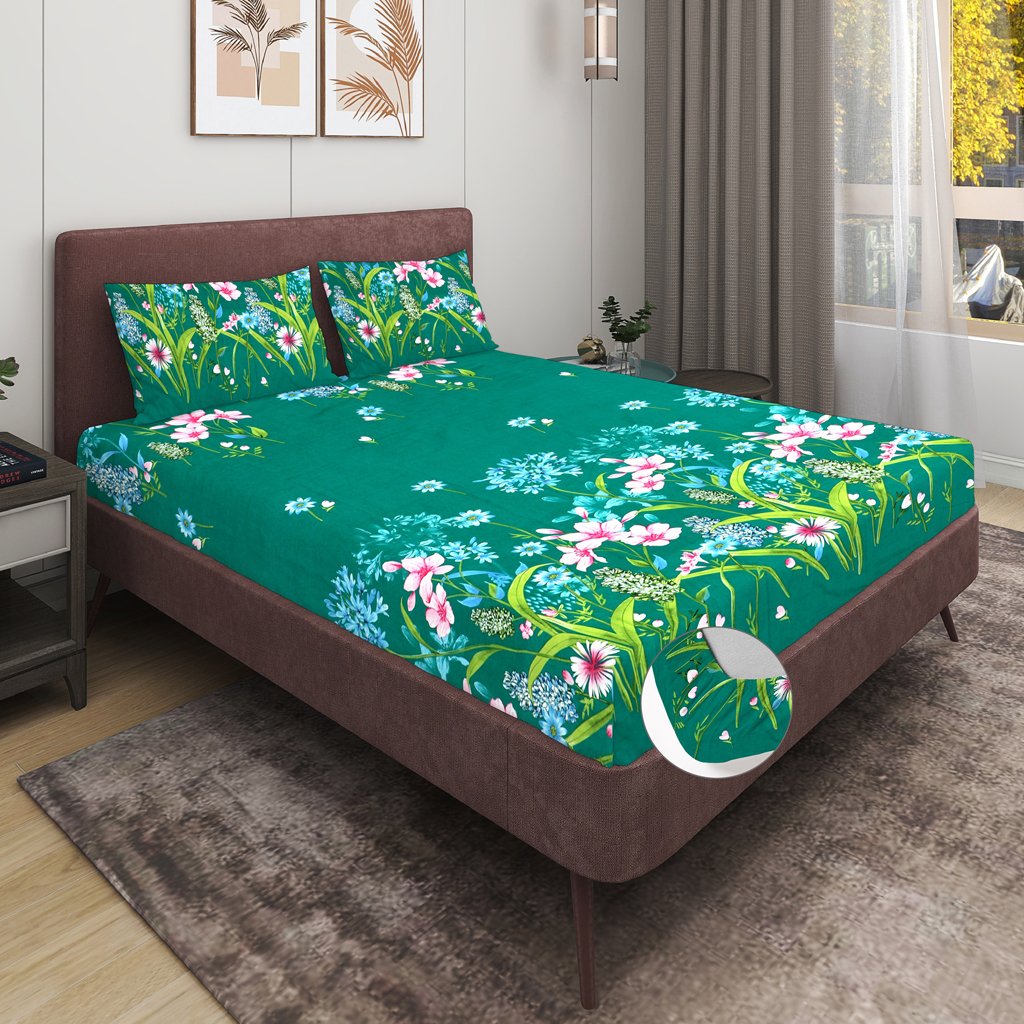 Elastic Fitted King Size Double Bed Sheet With 2 Pillow Covers (Dark Green)