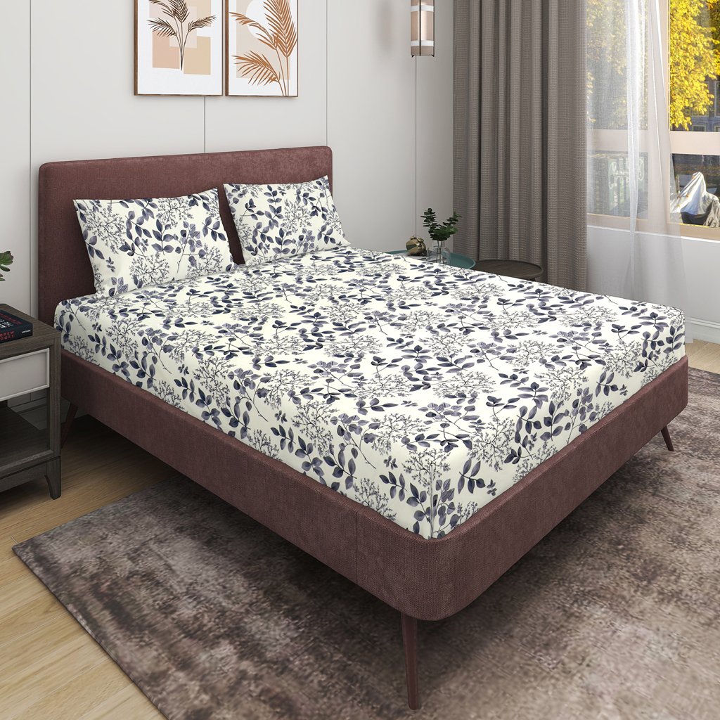 Elastic Fitted King Size Double Bed Sheet With 2 Pillow Covers (Cream)