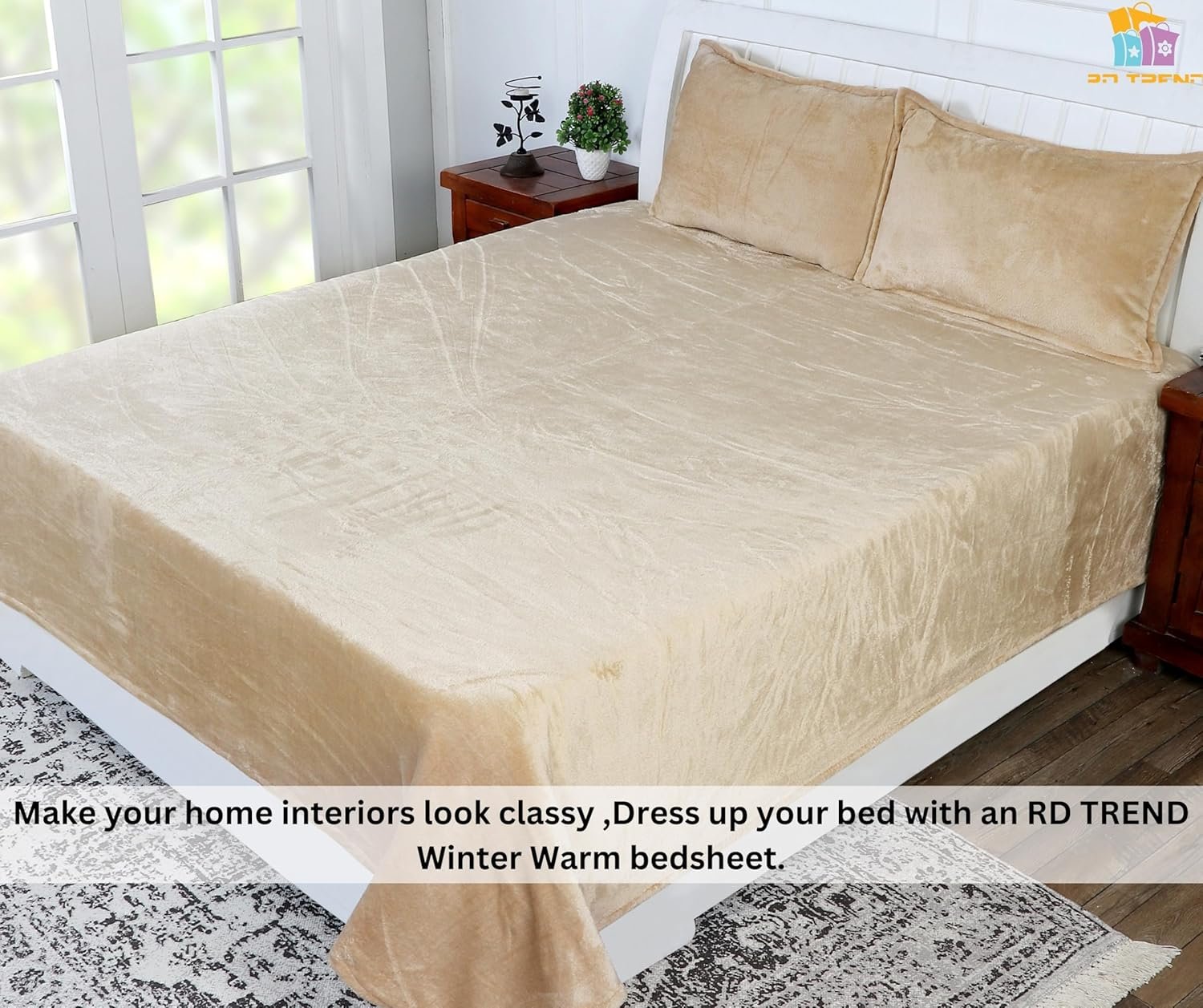 Winter Warm King Size Flat Double Bedsheet With 2 Pillow Cover (Golden)
