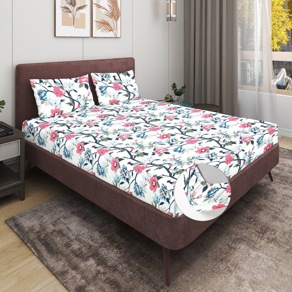 Elastic Fitted King Size Double Bed Sheet With 2 Pillow Covers (White)