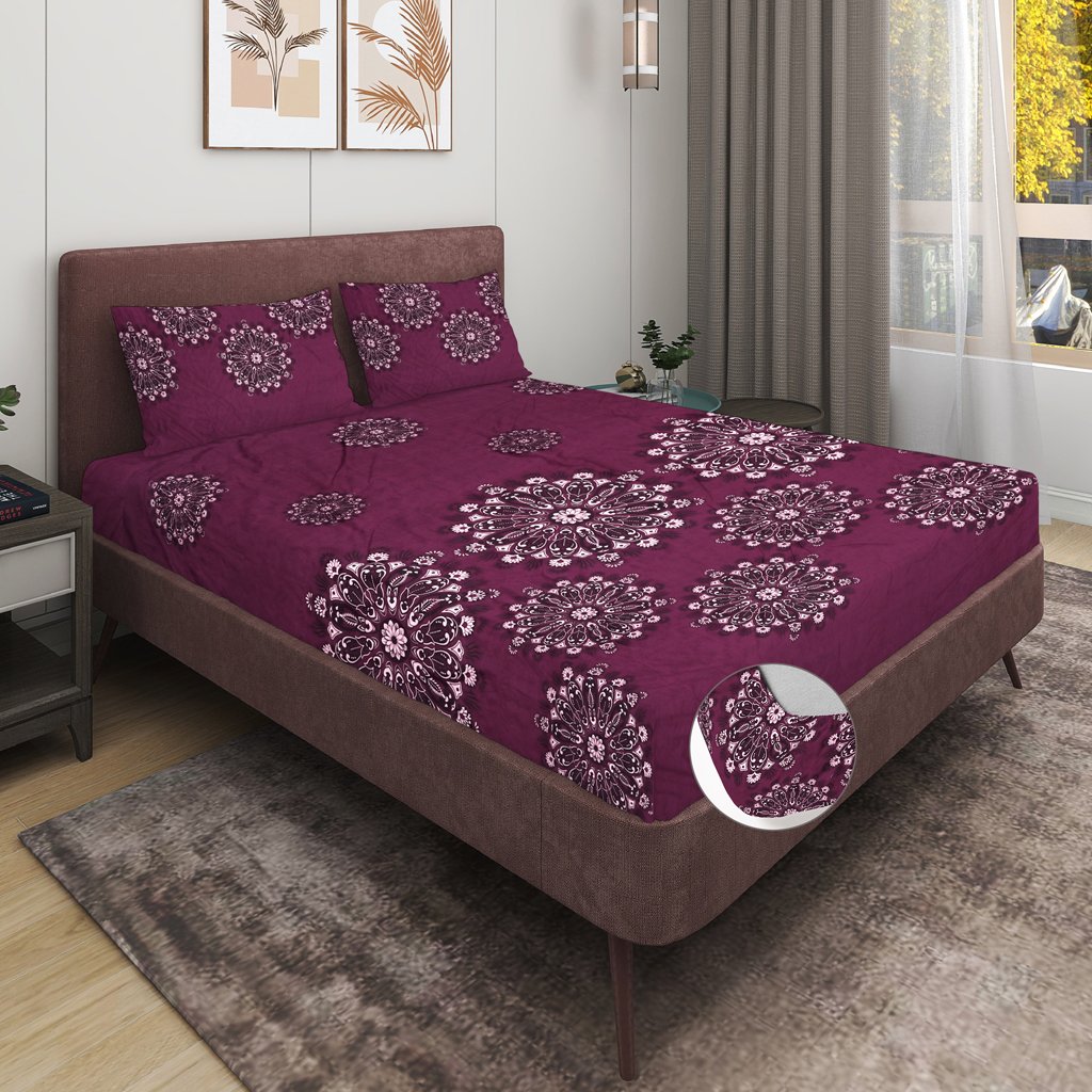 Elastic Fitted King Size Double Bed Sheet With 2 Pillow Covers (Wine)