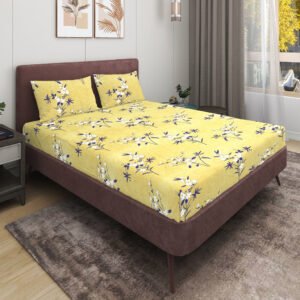Elastic Fitted King Size Double Bed Sheet With 2 Pillow Covers (Lemon)