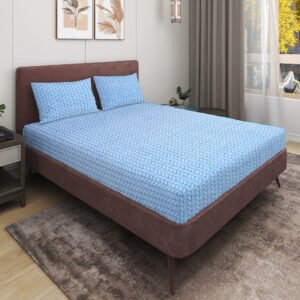 Elastic Fitted King Size Double Bed Sheet With 2 Pillow Covers (Blue)