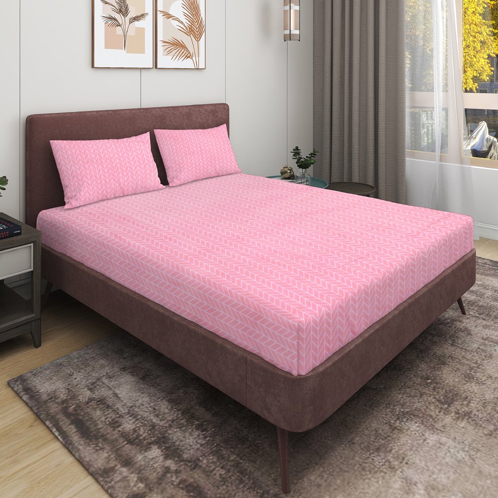 Elastic Fitted King Size Double Bed Sheet With 2 Pillow Covers (Pink)