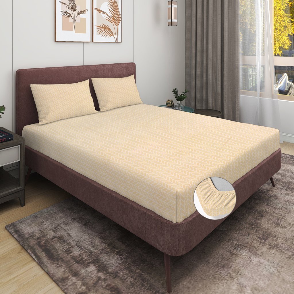 Elastic Fitted King Size Double Bed Sheet With 2 Pillow Covers (Beige)
