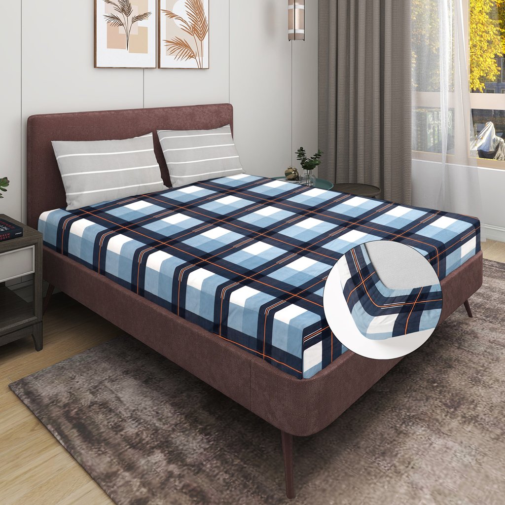 Elastic Fitted King Size Double Bed Sheet With 2 Pillow Covers (Blue)