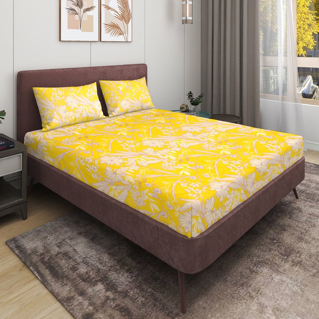 Glace Cotton Double Flat Bedsheet With 2 Pillow Covers (Yellow)