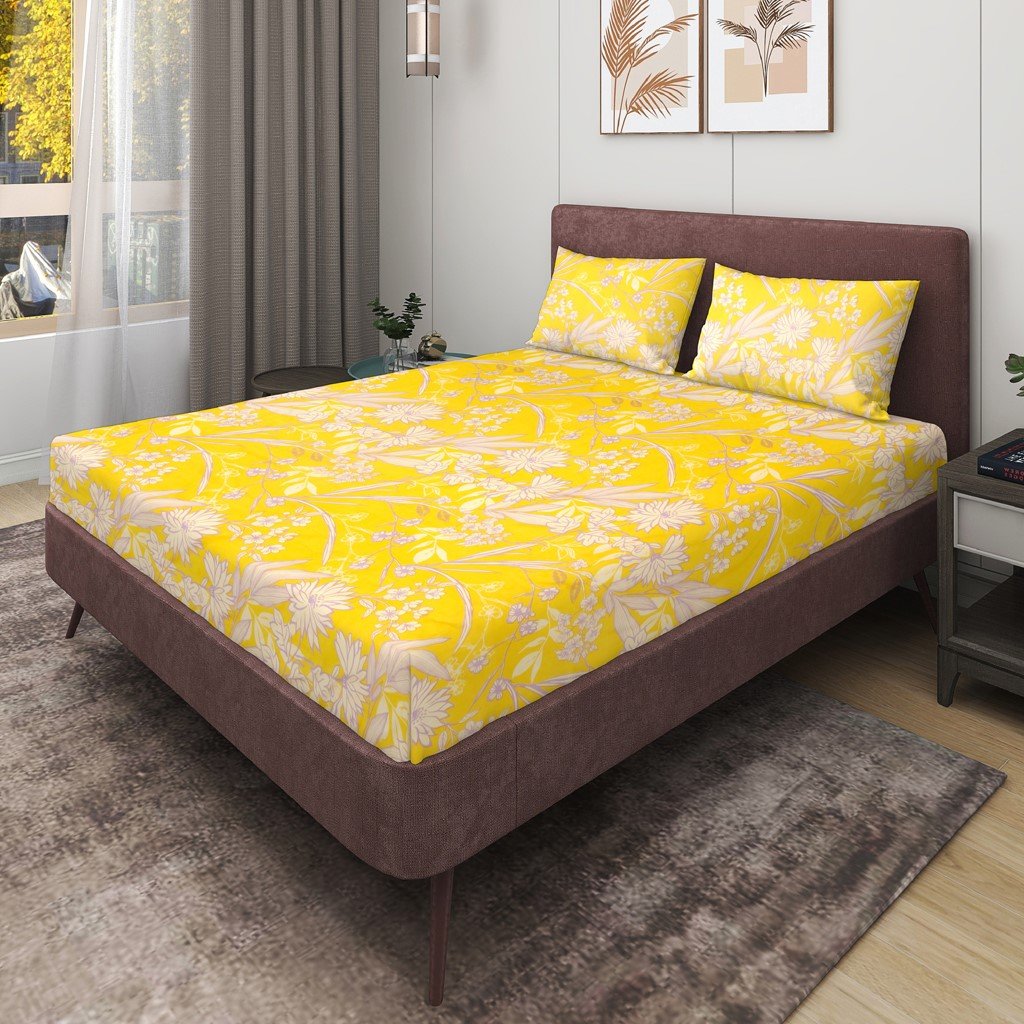 Glace Cotton Double Flat Bedsheet With 2 Pillow Covers (Yellow)