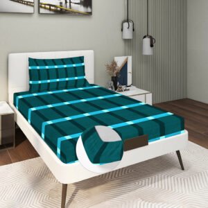 Single Glace Cotton Elastic Fitted Bed Sheet With One Pillow Cover (Teal)