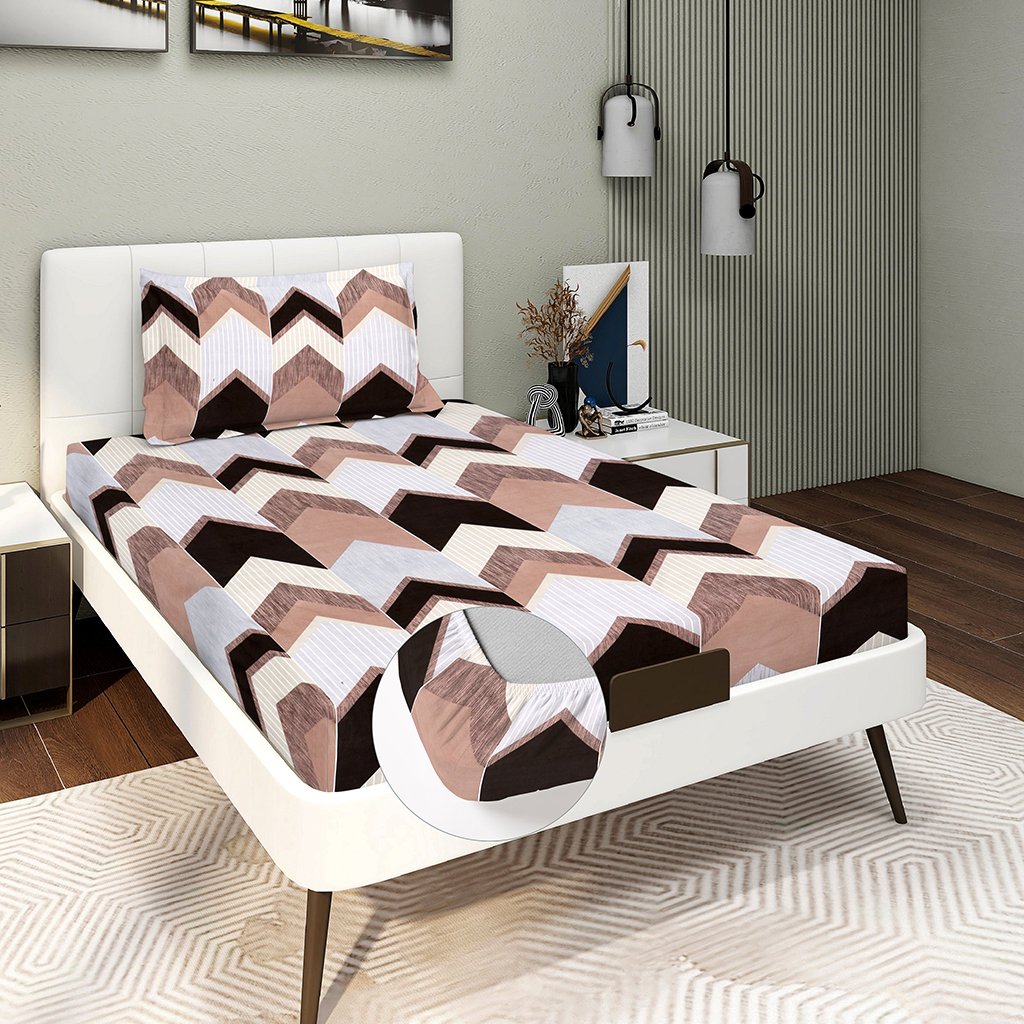 Single Glace Cotton Elastic Fitted Bed Sheet With One Pillow Cover (Brown)