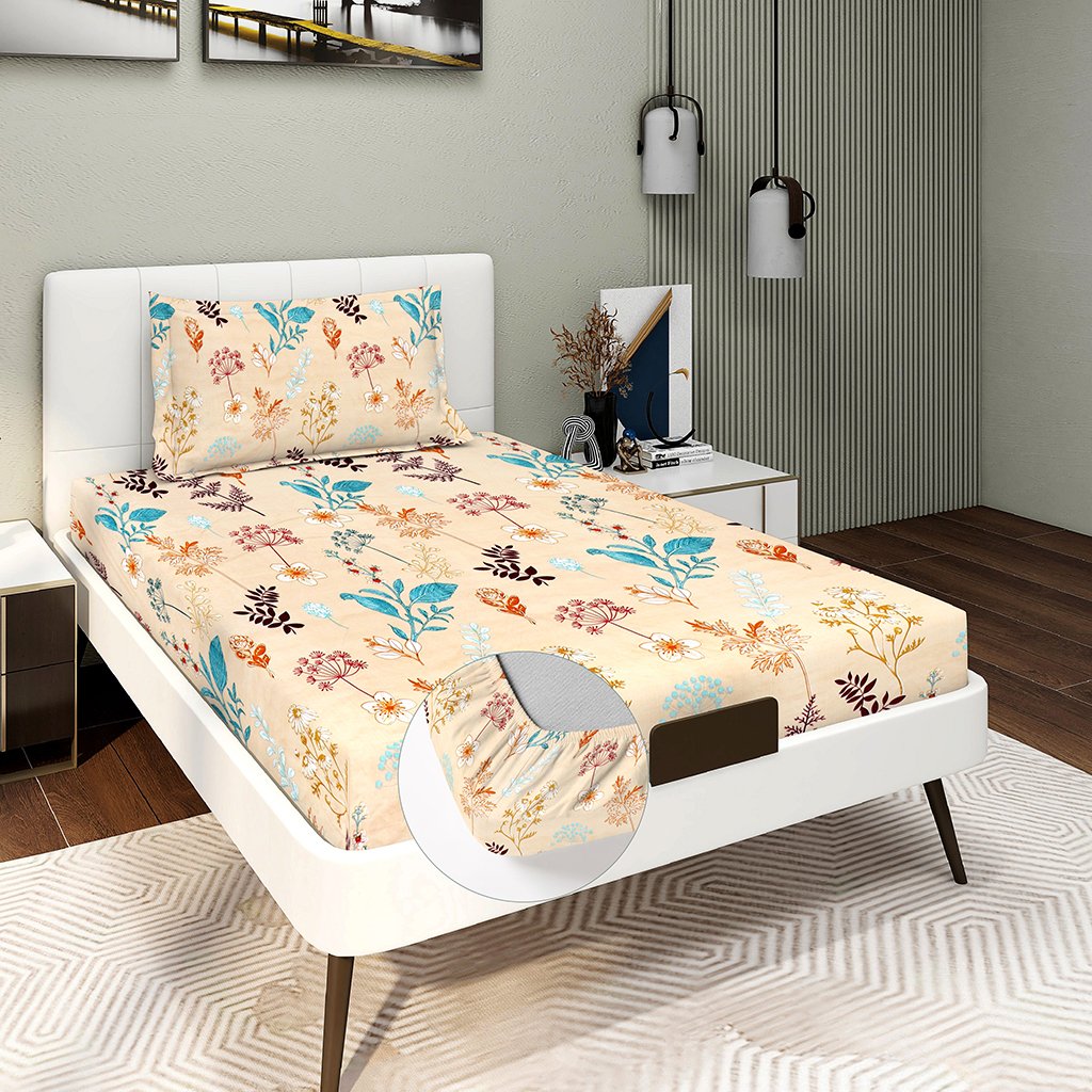 Single Glace Cotton Elastic Fitted Bed Sheet With One Pillow Cover (Cream)