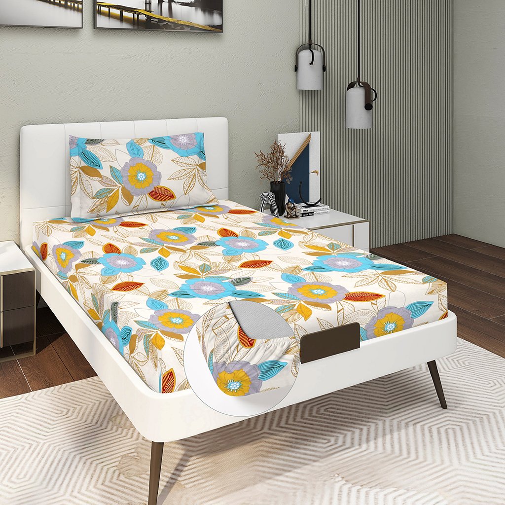 Single Glace Cotton Elastic Fitted Bed Sheet With One Pillow Cover (Cream)