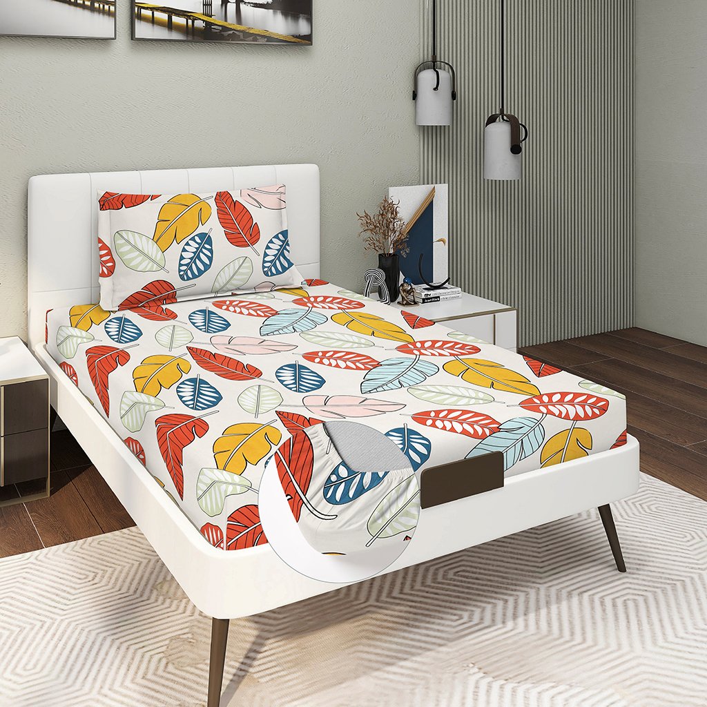 Single Glace Cotton Elastic Fitted Bed Sheet With One Pillow Cover (Multi)