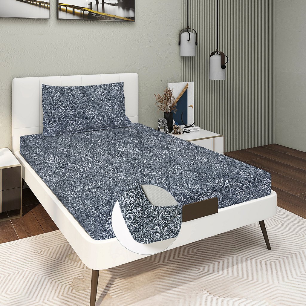 Single Glace Cotton Elastic Fitted Bed Sheet With One Pillow Cover (Grey)