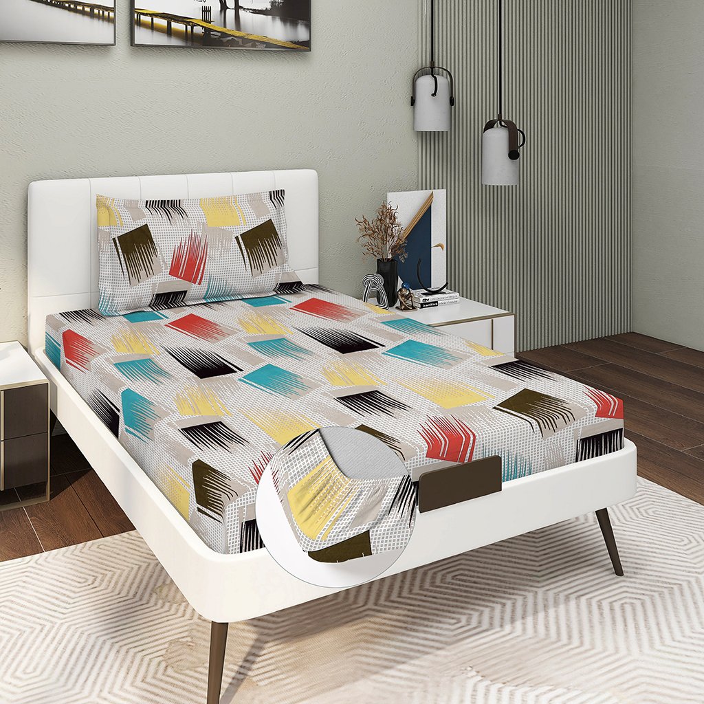 Single Glace Cotton Elastic Fitted Bed Sheet With One Pillow Cover (Multi)