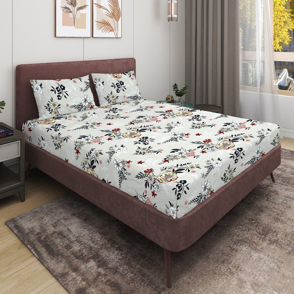 Elastic Fitted King Size Double Bed Sheet With 2 Pillow Covers (Beige)