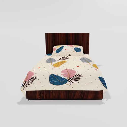 Cotton Single Flat Bed Sheet With 1 Pillow Cover (Multi Leaf)