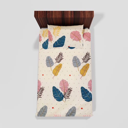 Cotton Single Flat Bed Sheet With 1 Pillow Cover (Multi Leaf)