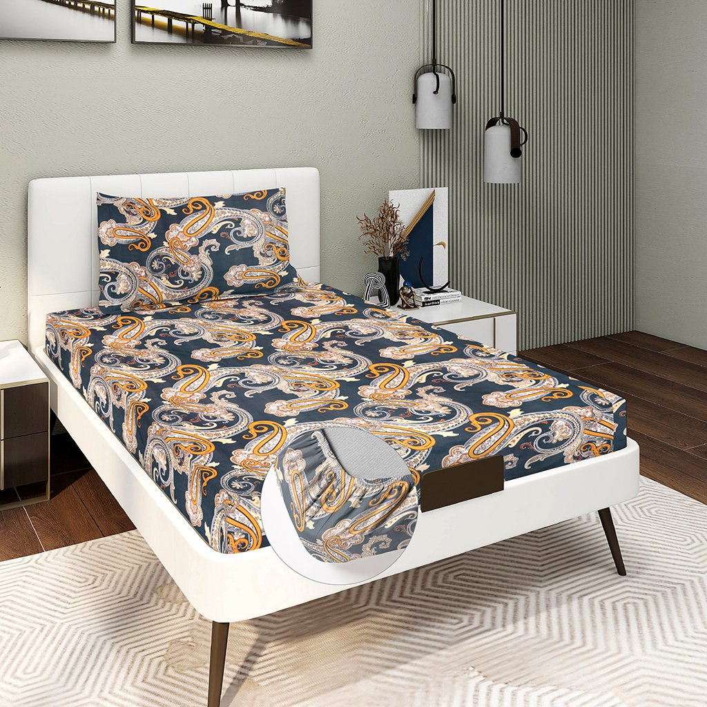 Single Glace Cotton Elastic Fitted Bed Sheet With One Pillow Cover (Yellow)