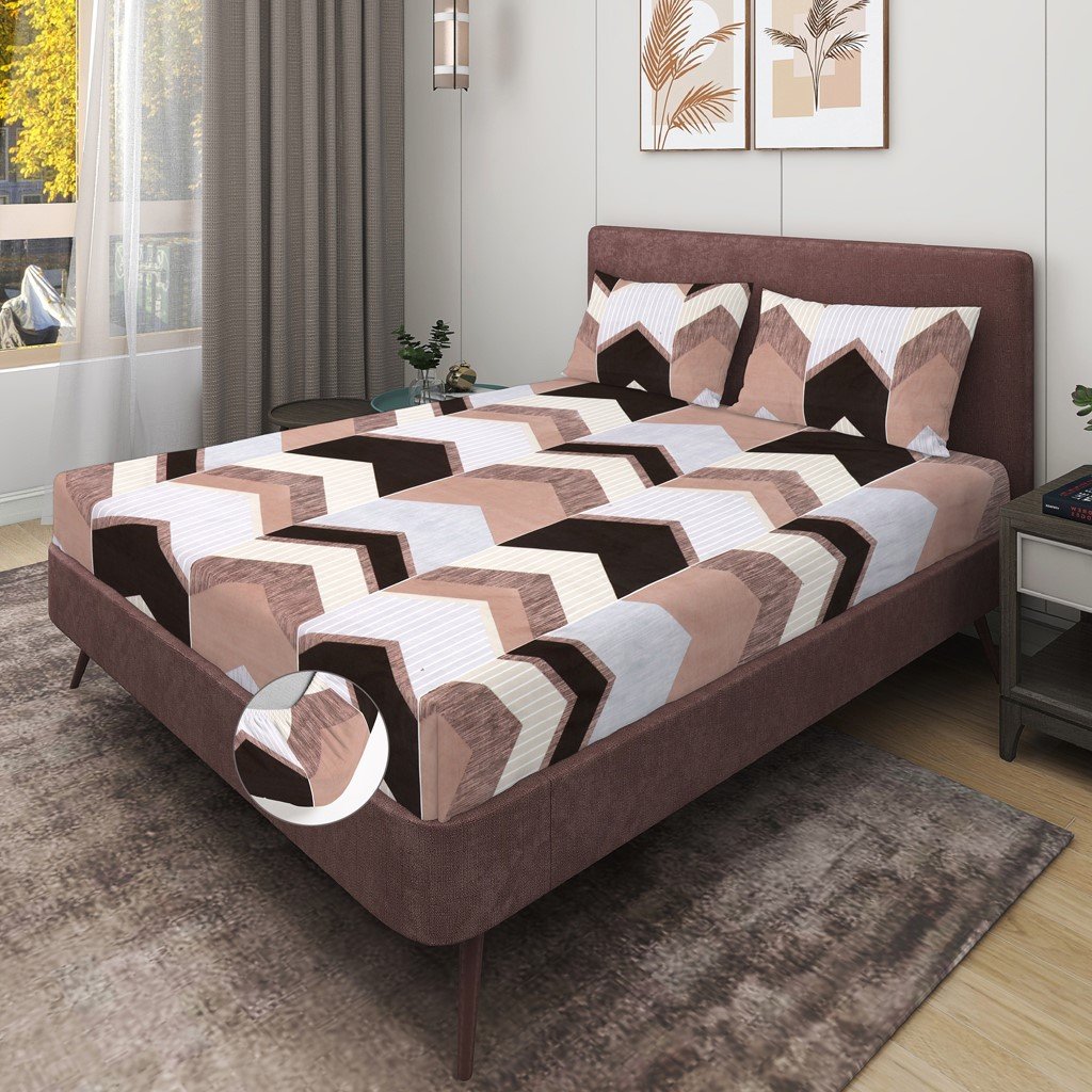 Elastic Fitted King Size Double Bed Sheet With 2 Pillow Covers (Coffee)