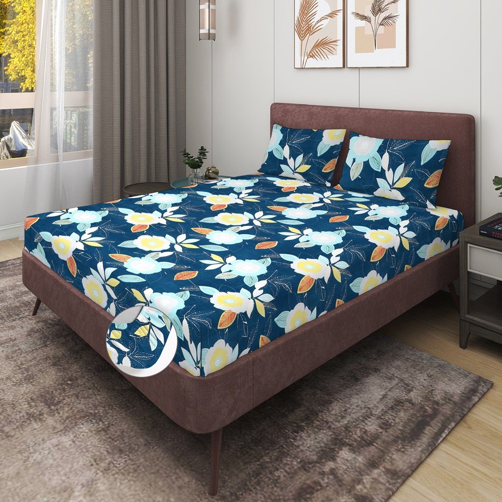 Elastic Fitted King Size Double Bed Sheet With 2 Pillow Covers (Green)