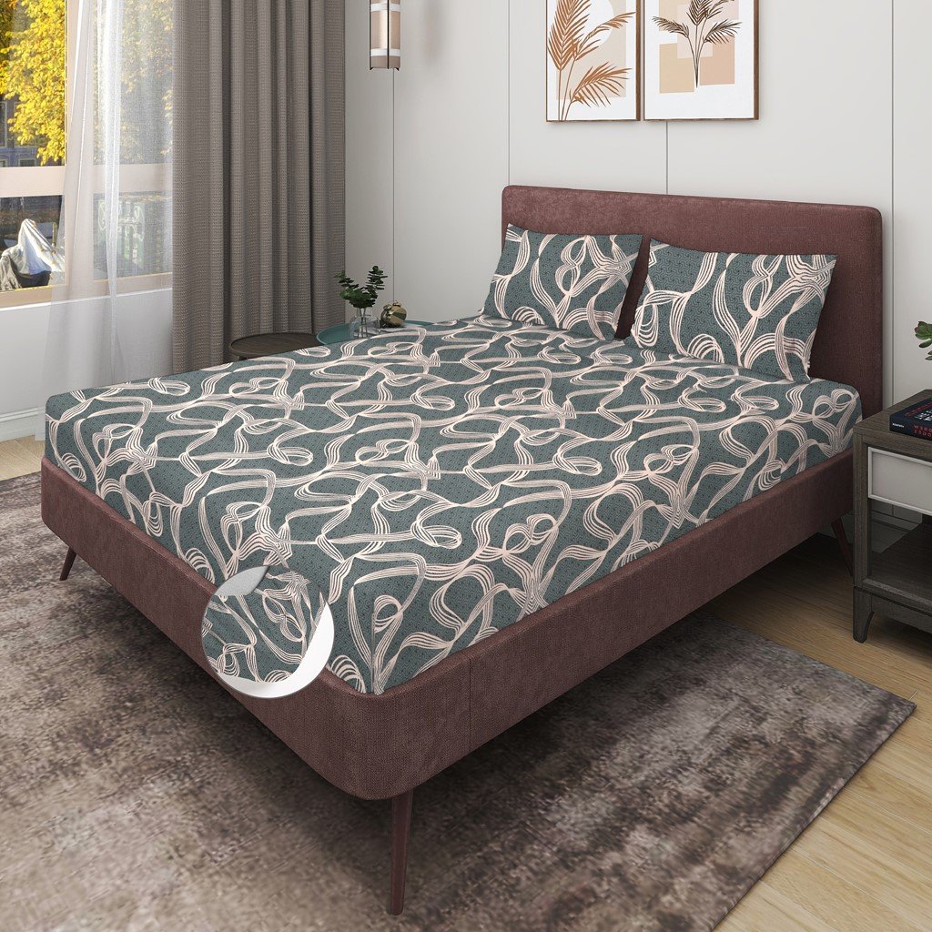 Elastic Fitted King Size Double Bed Sheet With 2 Pillow Covers (Grey)