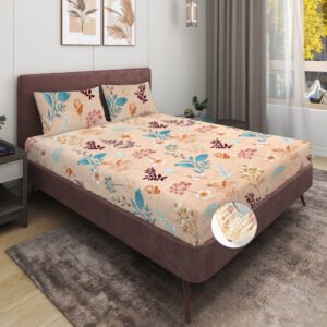 Elastic Fitted King Size Double Bed Sheet With 2 Pillow Covers (Cream)