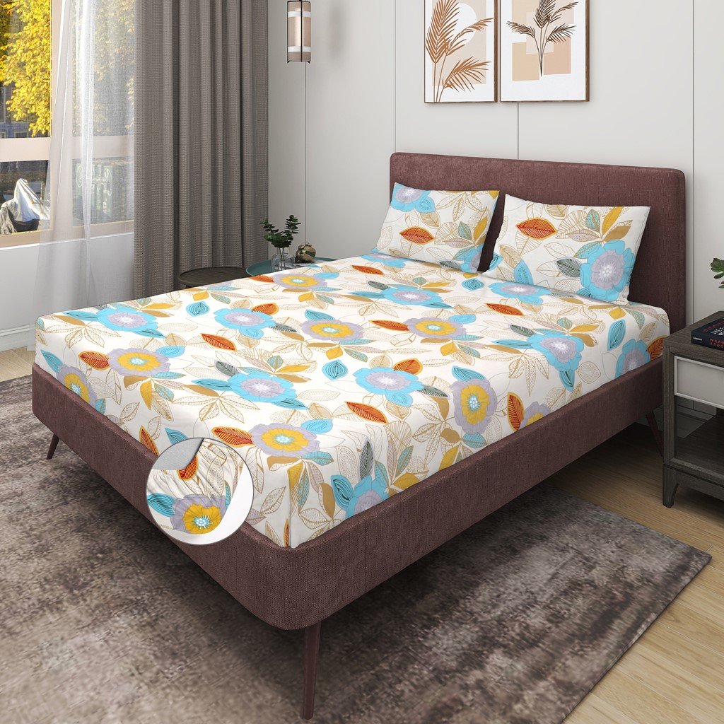 Elastic Fitted King Size Double Bed Sheet With 2 Pillow Covers (Grey)