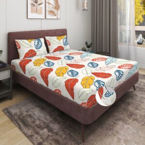 Elastic Fitted King Size Double Bed Sheet With 2 Pillow Covers (Orange)
