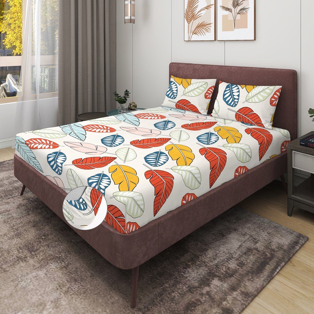 Elastic Fitted King Size Double Bed Sheet With 2 Pillow Covers (Orange)