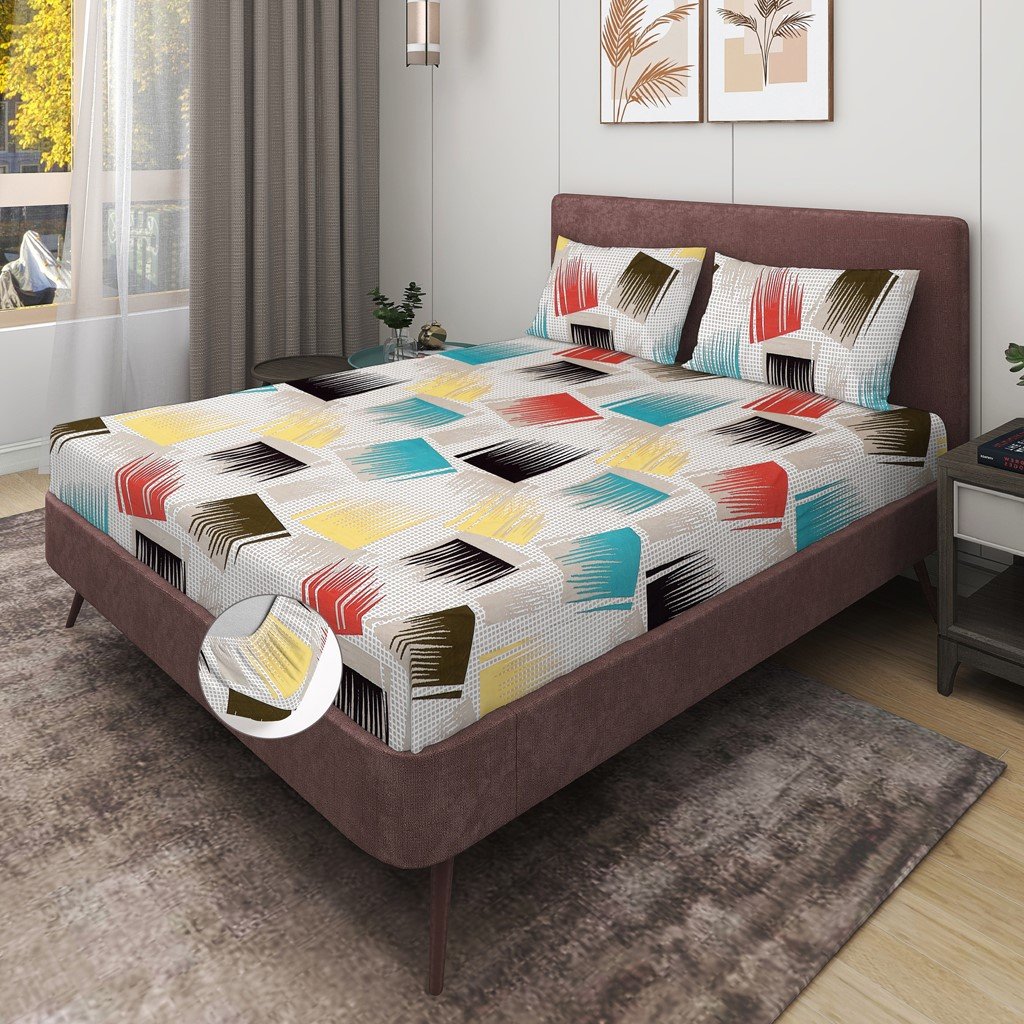 Elastic Fitted King Size Double Bed Sheet With 2 Pillow Covers (Multi Leaf)