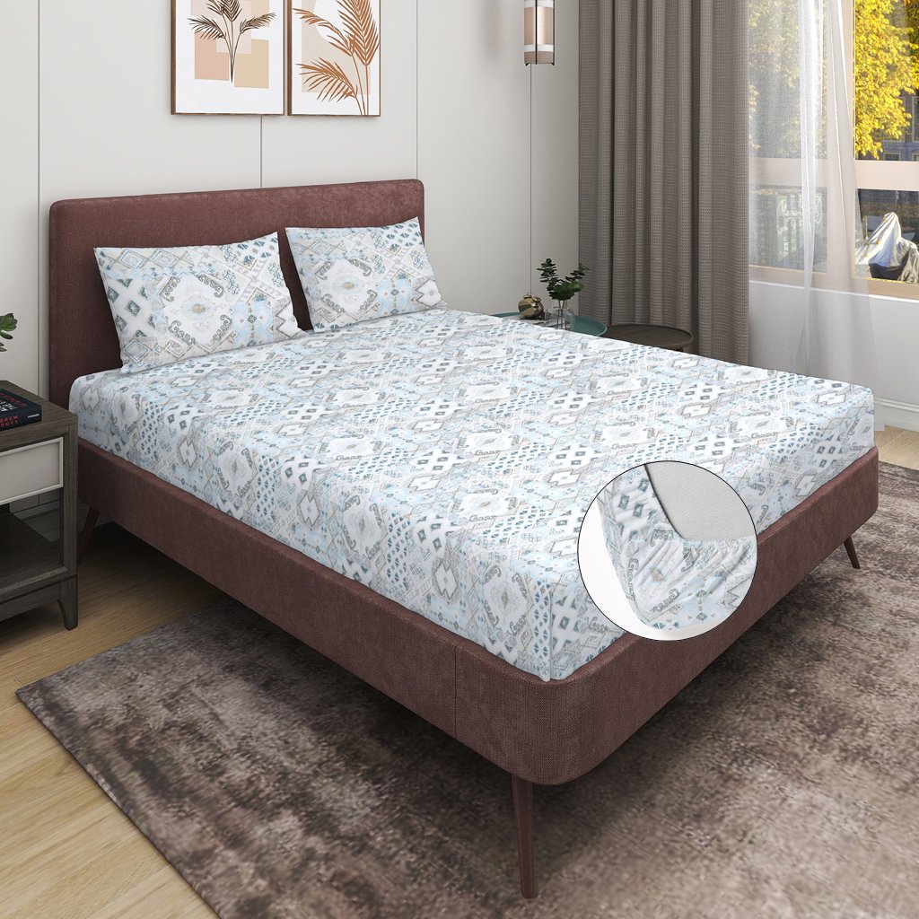 RD TREND 100% Pure Cotton Elastic Fitted Double Bedsheets With 2 Pillow Covers(Lite Aqua)