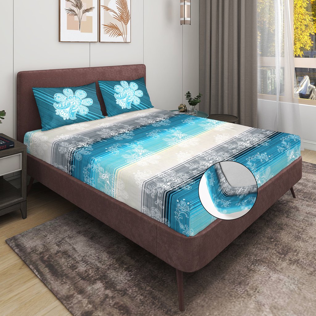 RD TREND 100% Pure Cotton Elastic Fitted Double Bedsheets With 2 Pillow Covers(Steel Blue)