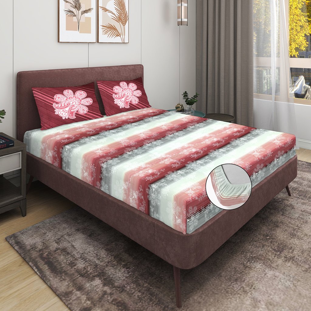 RD TREND 100% Pure Cotton Elastic Fitted Double Bedsheets With 2 Pillow Covers(Falu Red)