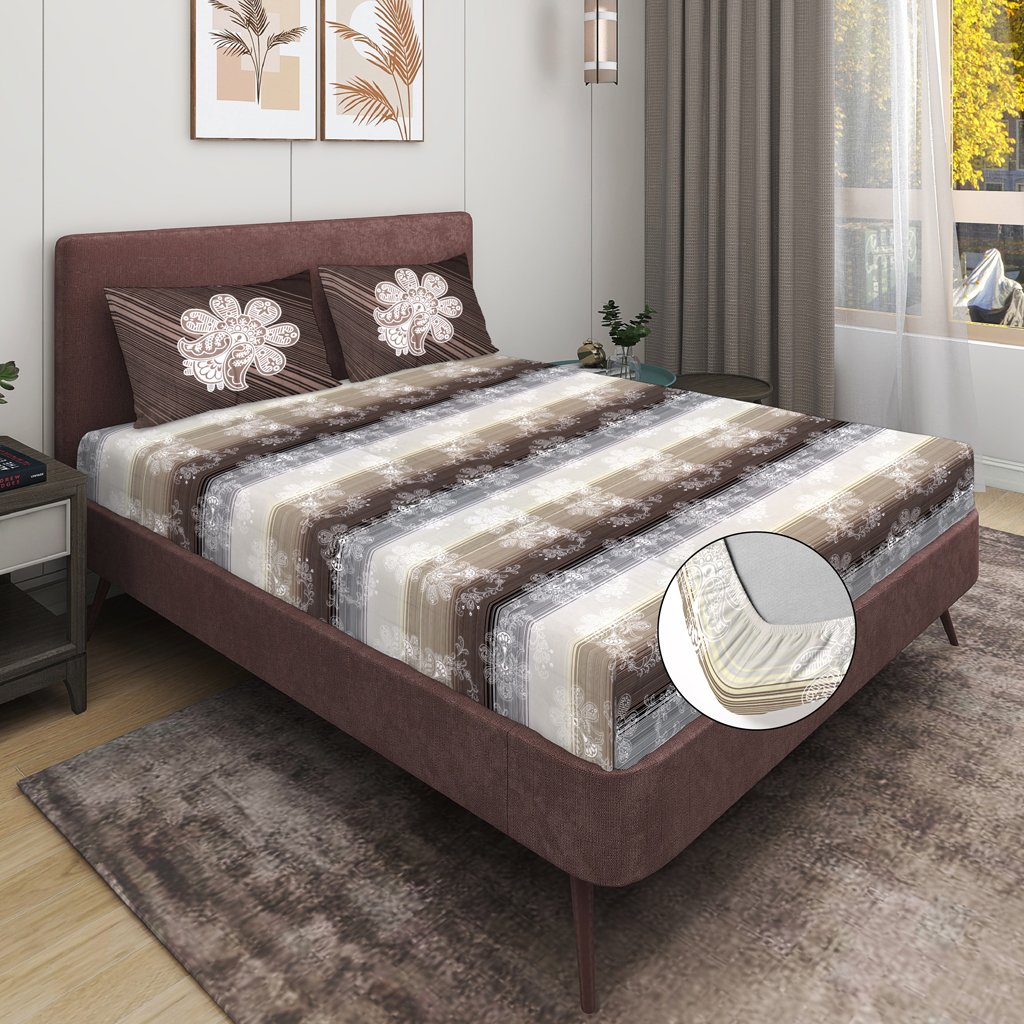 RD TREND 100% Pure Cotton Elastic Fitted Double Bedsheets With 2 Pillow Covers(Coffee)